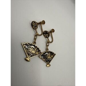 Vintage Japanese Damascene Screw Back Dangle Earrings MARKED JAPAN